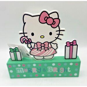 Hello Kitty 8” Wood Merry & Bright Sign Sanrio Kawaii Pink Green Table Decor